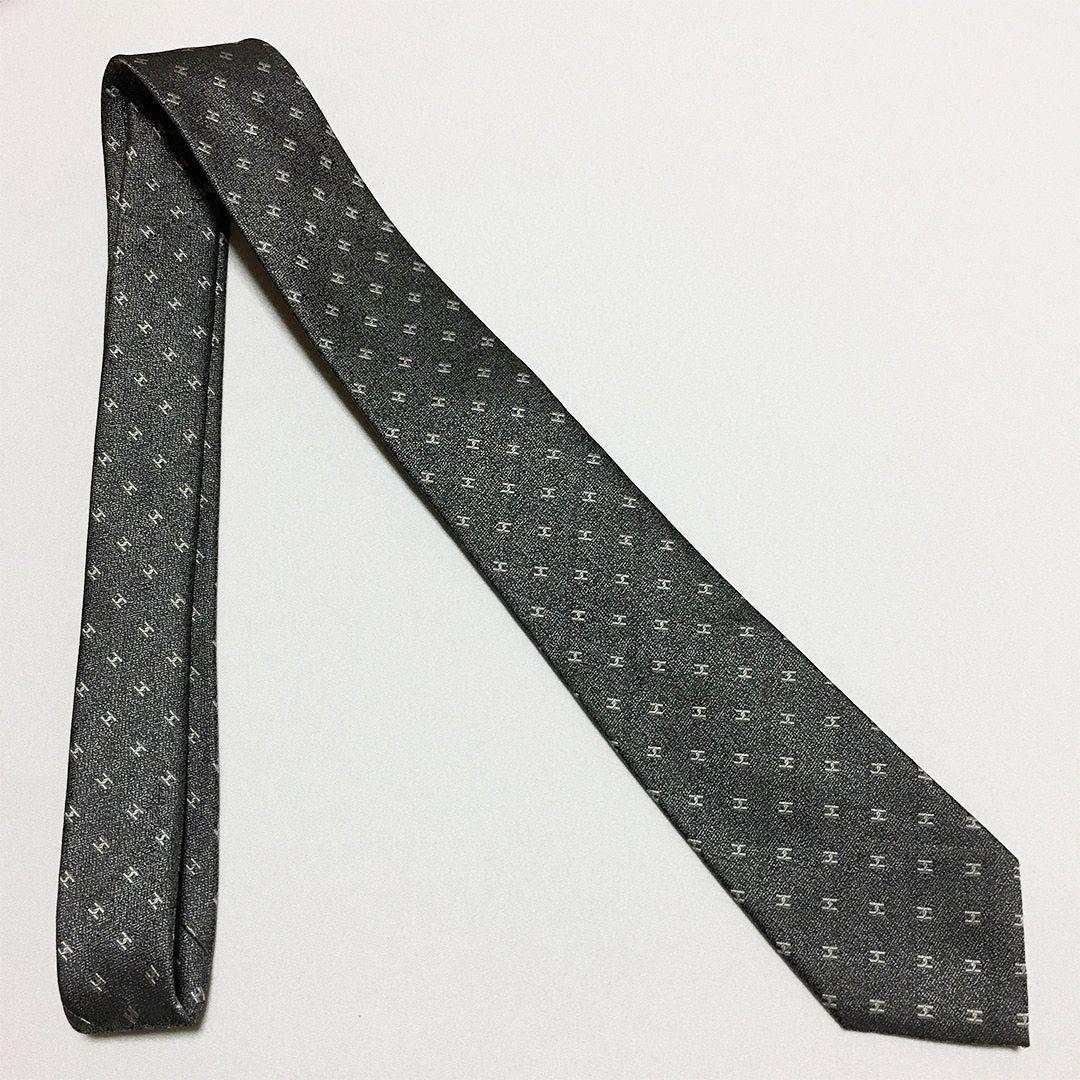 未使用級 エルメス HERMES ネクタイ シルク100% グレー H柄