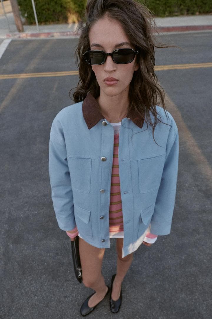 ZARA コントラストカラーパフジャケット 空色 S