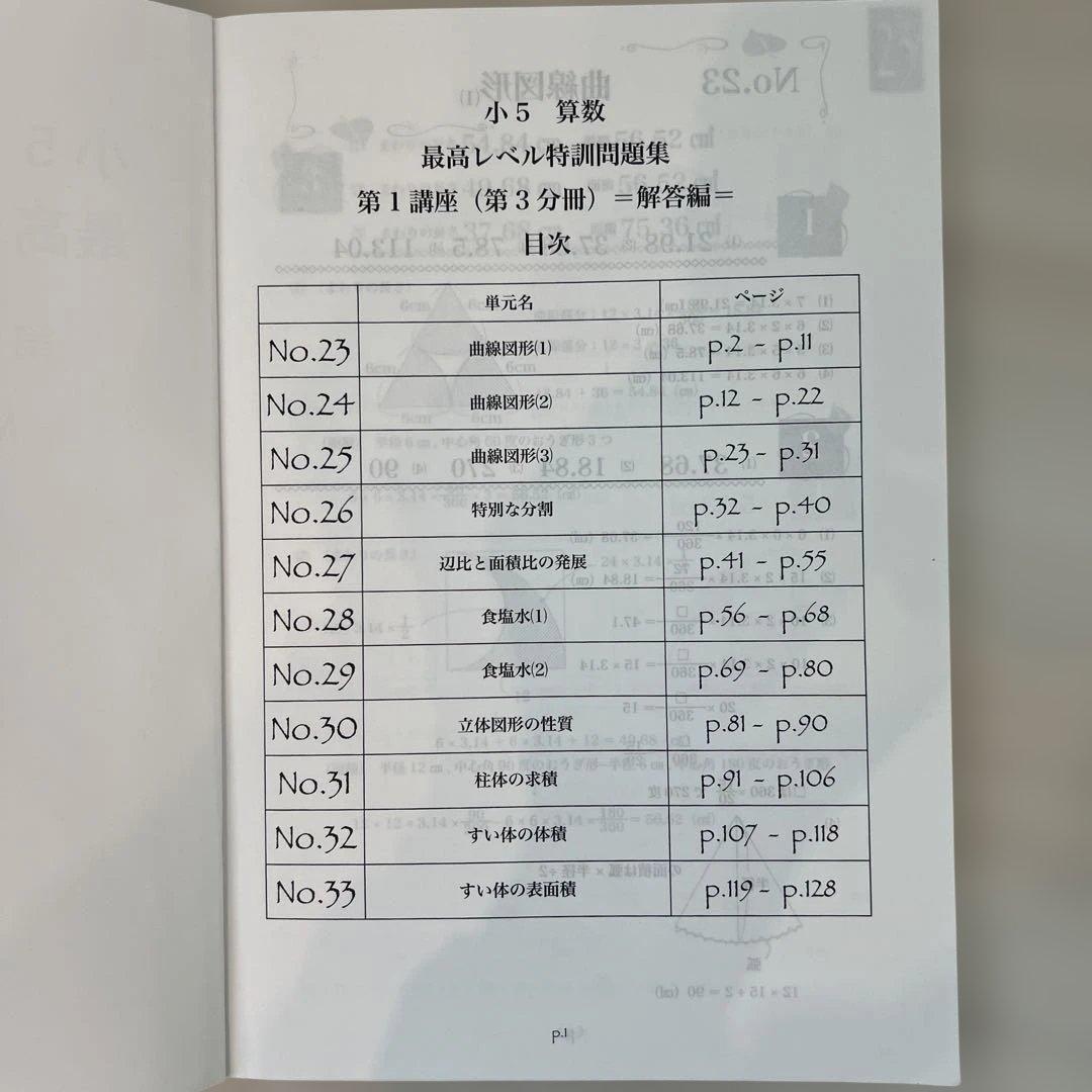 浜学園小5 算数 最高レベル特訓問題集 第1講座（第1分冊〜第4分冊）解答編