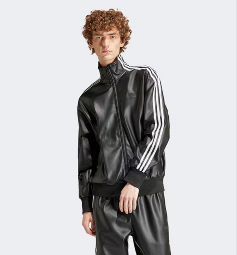 adidas フェイクレザージャケット L 黒 3本ライン
