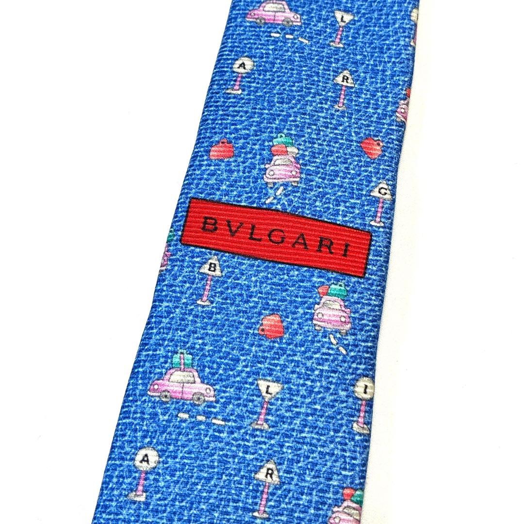 ◆未使用 BVLGARI ブルガリ ネクタイ 車 バッグ 総柄 ライトブルー