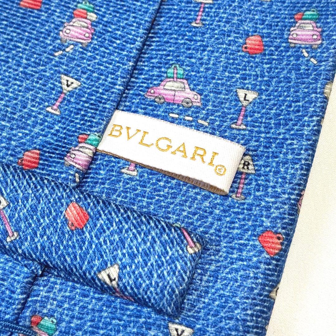◆未使用 BVLGARI ブルガリ ネクタイ 車 バッグ 総柄 ライトブルー