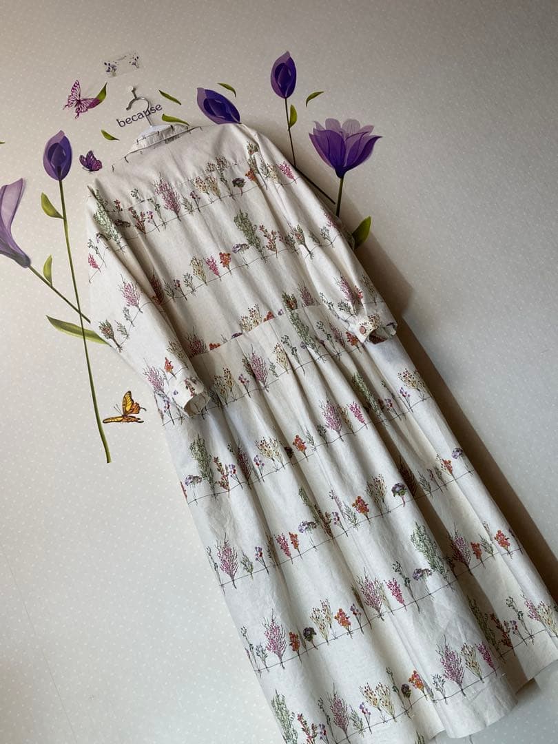 ウエスト切替ワンピ::ボタニカル::cotton リネン　【Hand made】