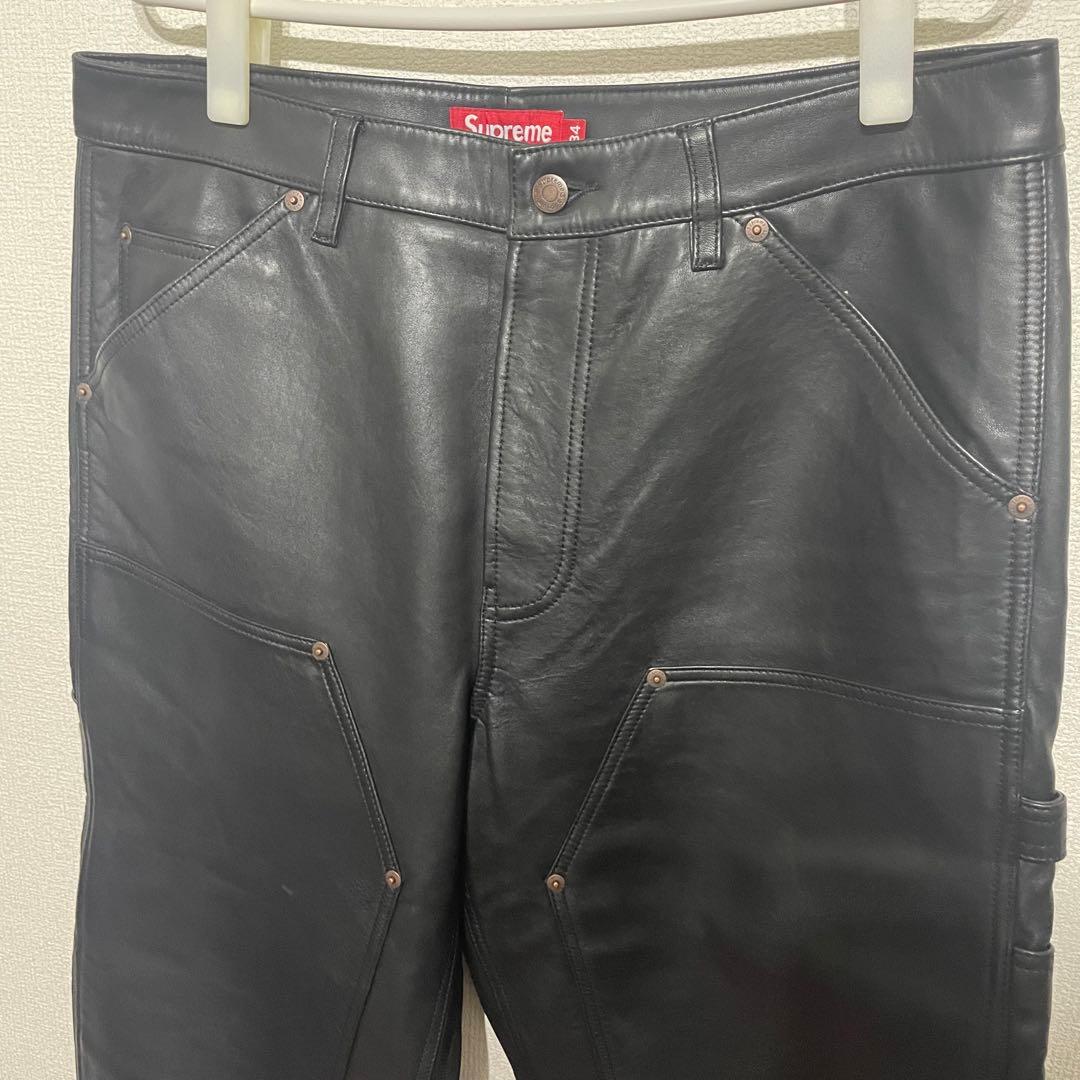 シュプリーム レザーダブルニーパンツ 34 黒