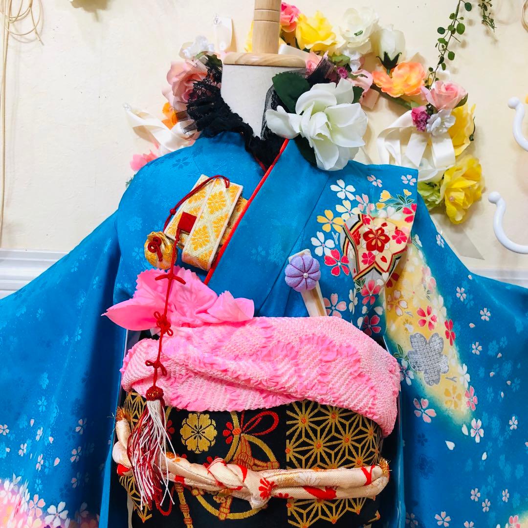 正絹豪華七五三7歳完全フルセット‼️可愛いBlue yellow手毬桜金彩煌びやか