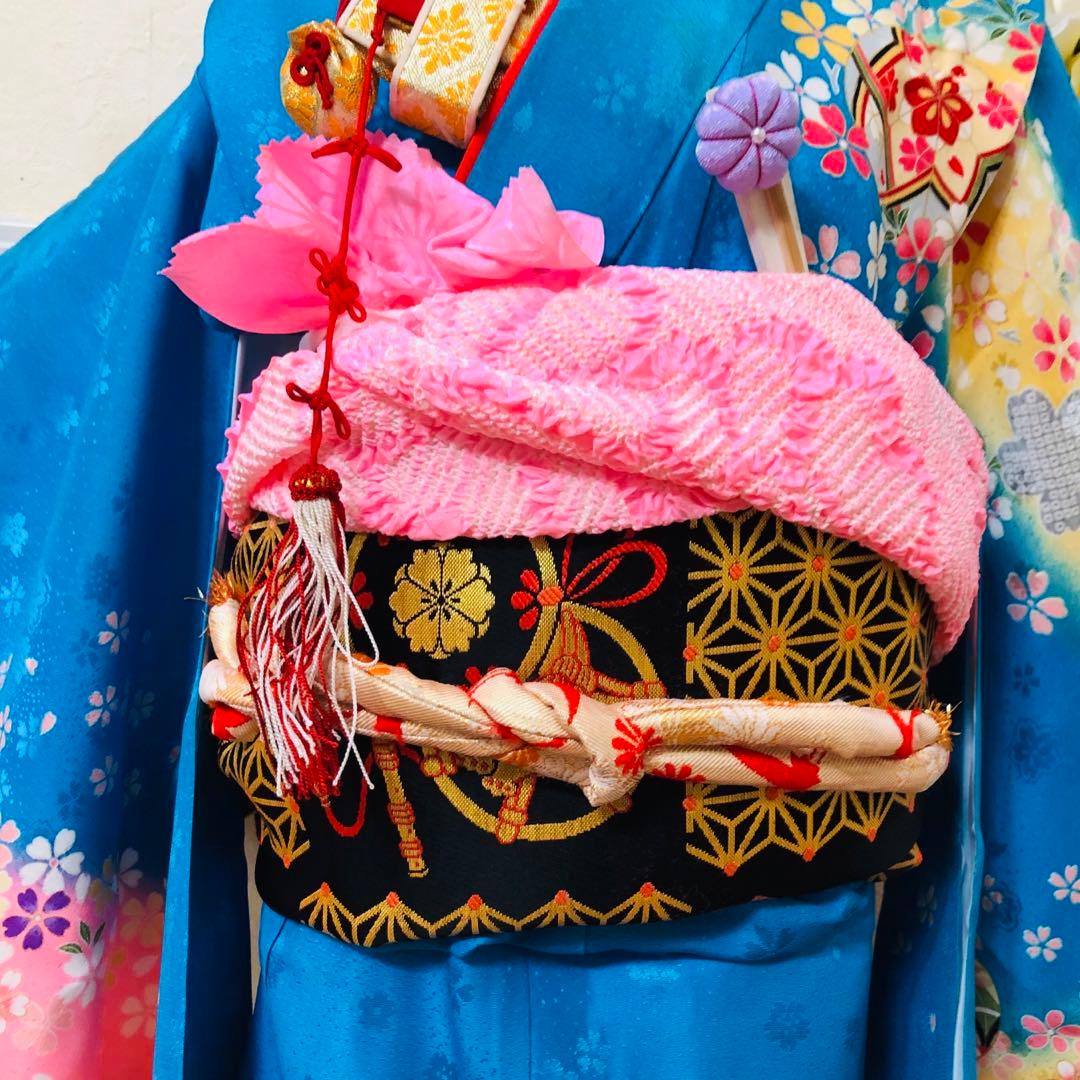 正絹豪華七五三7歳完全フルセット‼️可愛いBlue yellow手毬桜金彩煌びやか