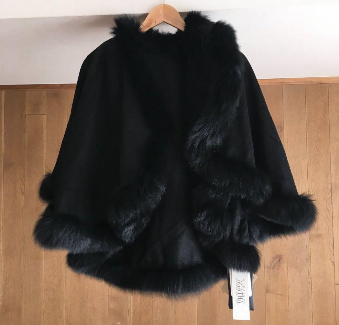 新品CASHMEREカシミヤ100% ブルーフォックス　ファー　ポンチョ　ケープ