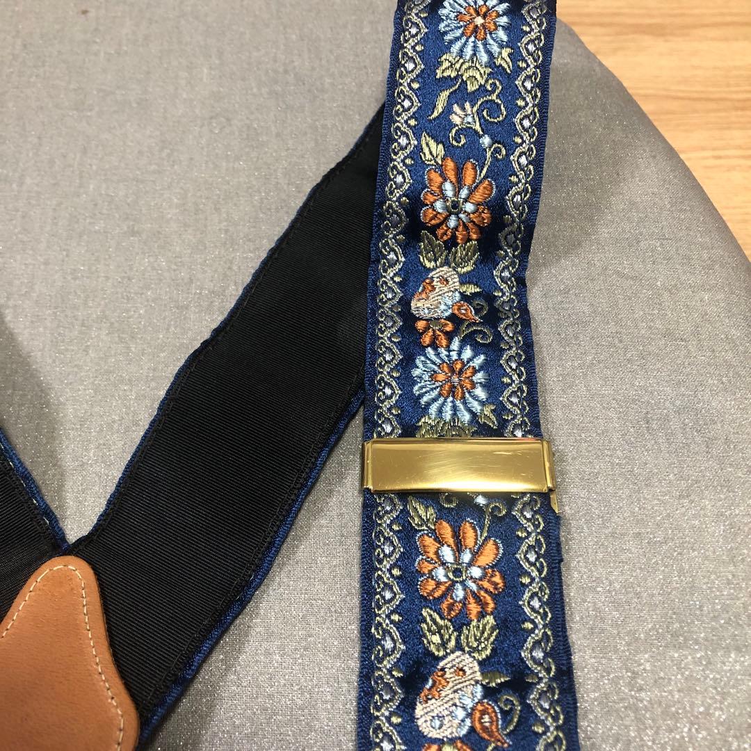 【デッドストック未使用】英国製シルク花柄刺繍 サスペンダー レザー製