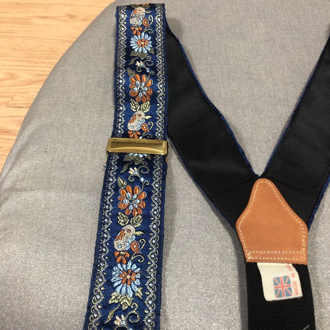 【デッドストック未使用】英国製シルク花柄刺繍 サスペンダー レザー製