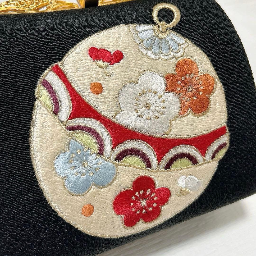 衿秀　振袖用バッグ　総刺繍　大鈴　橘　黒地　ブラック　成人式　正絹　金銀糸　逸品