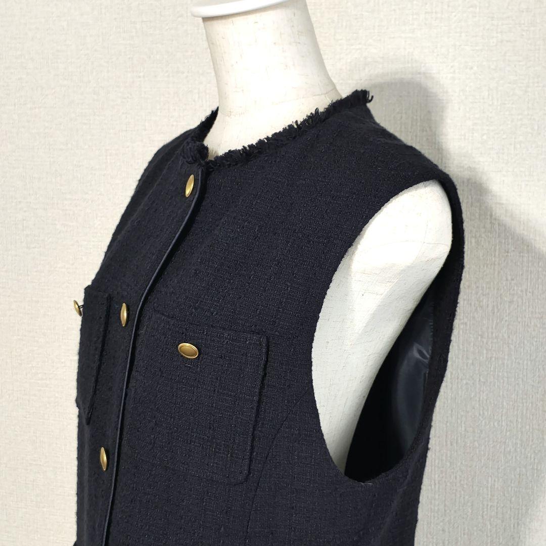 美品 グリーンレーベルリラクシング ツイード フリンジ ポケット ベスト ジレ
