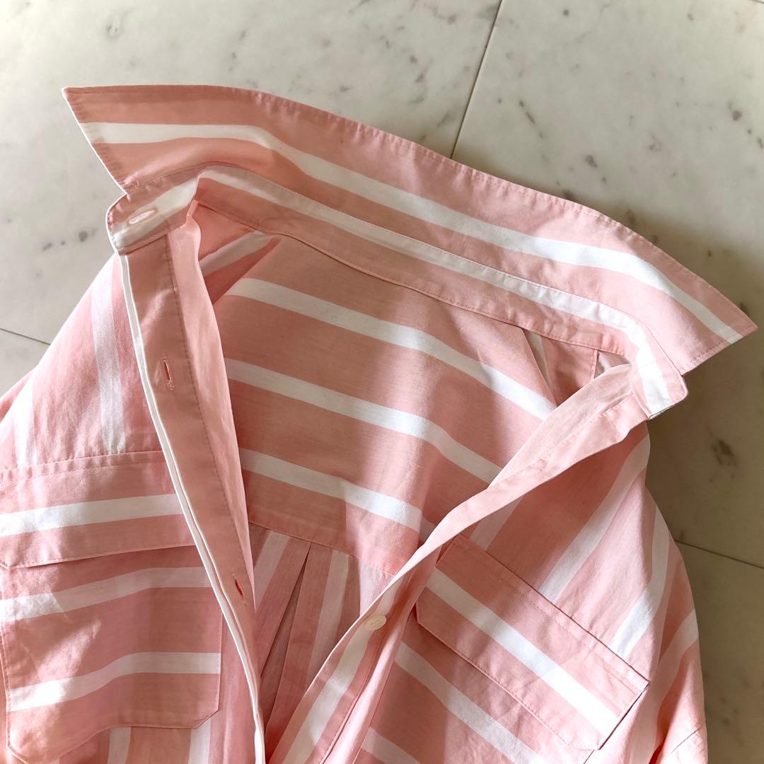 極美品 グレースクラス ストライププリントシャツワンピース ピンク 七分袖 S