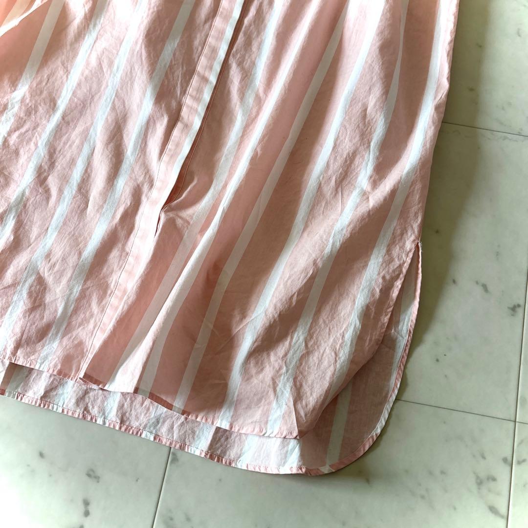 極美品 グレースクラス ストライププリントシャツワンピース ピンク 七分袖 S