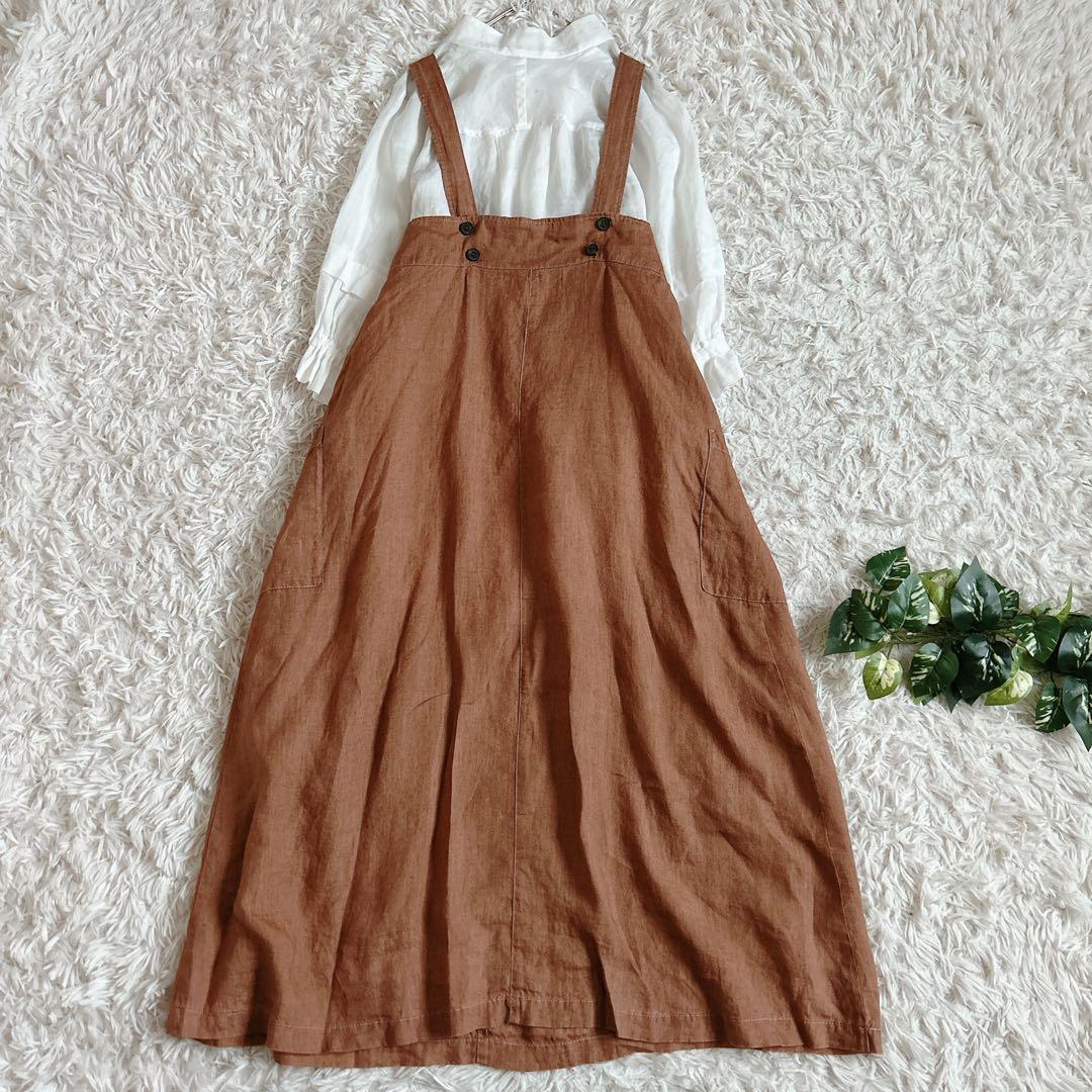 美品⁂センソユニコ⁂ロングワンピース　ジャンスカ　リネン　オールシーズン　茶　M