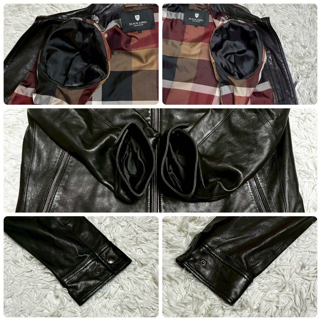 美品/L⭐️ブラックレーベルクレストブリッジ　レザージャケット　艶感　チェック　黒