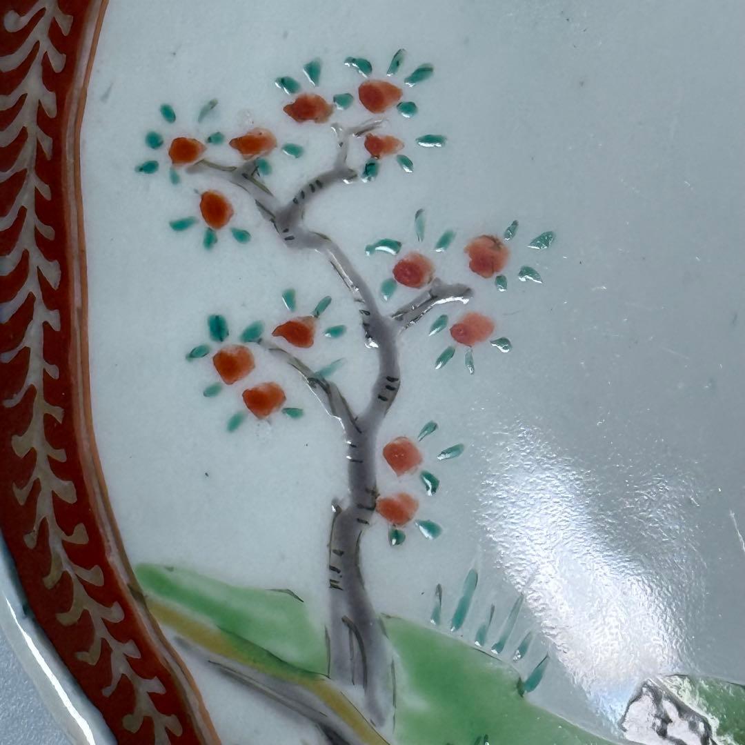 古伊万里　色絵輪花形七寸皿　農村　風景画　人物　珍品　窯銘有　直径21.3cm