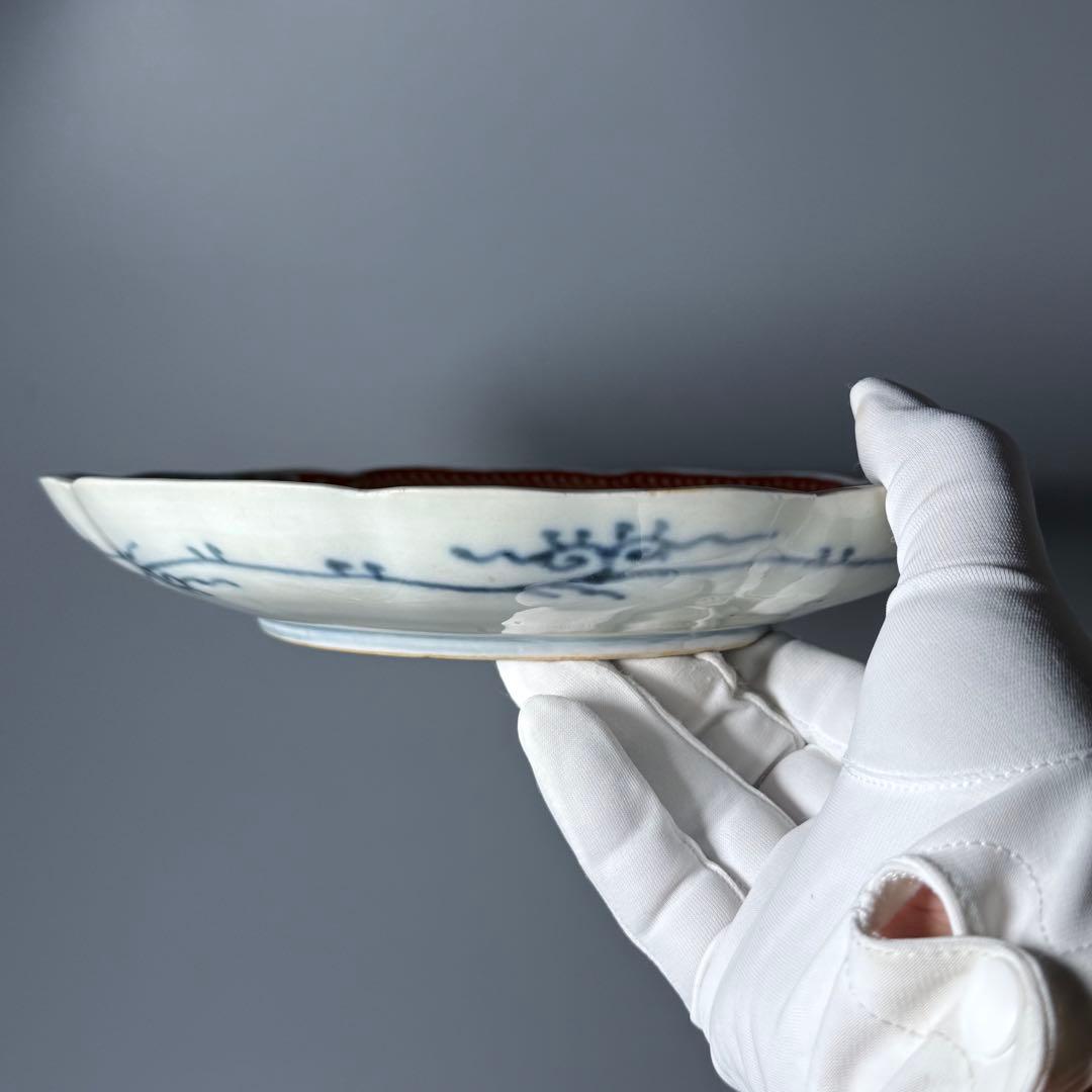 古伊万里　色絵輪花形七寸皿　農村　風景画　人物　珍品　窯銘有　直径21.3cm