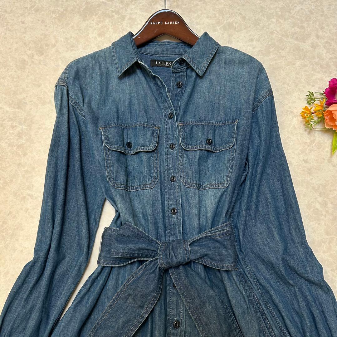か*え様 美品 ローレンラルフローレン デニム シャツワンピース マキシ丈 ベル