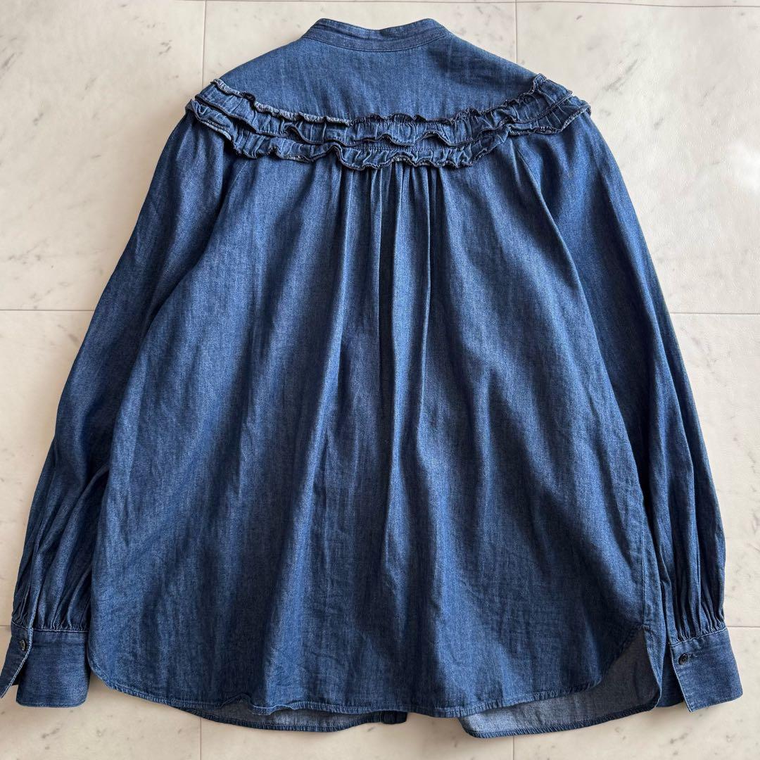 美品 シップス フリル ギャザー コットン ブルーデニムシャツ