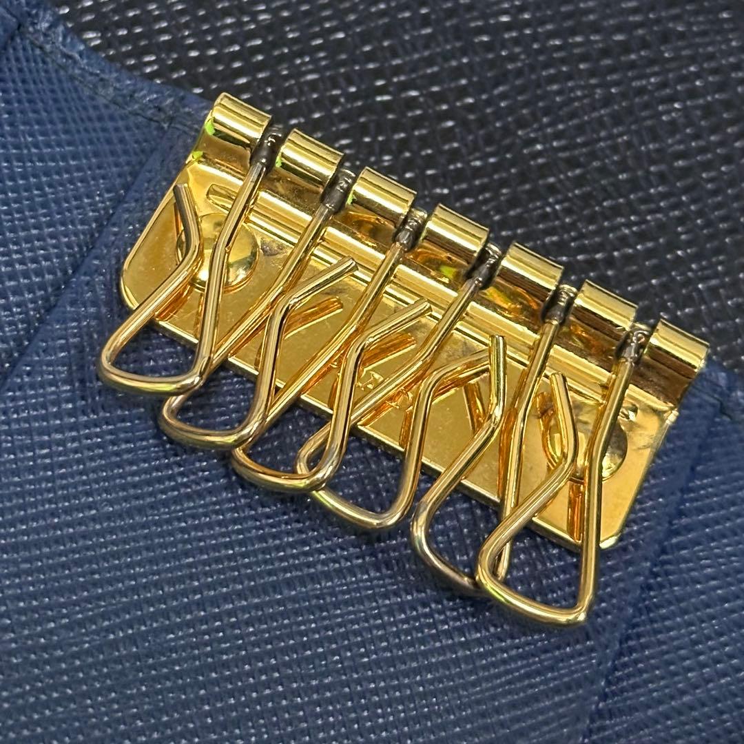 PRADA プラダ　キーケース　６連　ブルー　ゴールドロゴ　サフィアーノレザー