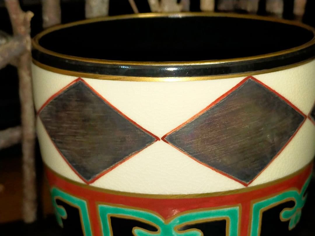 ♥仁清写し♥　銀菱　筒茶碗　④　平安桐鳳　共箱付き　茶碗　茶道具　骨董　古玩