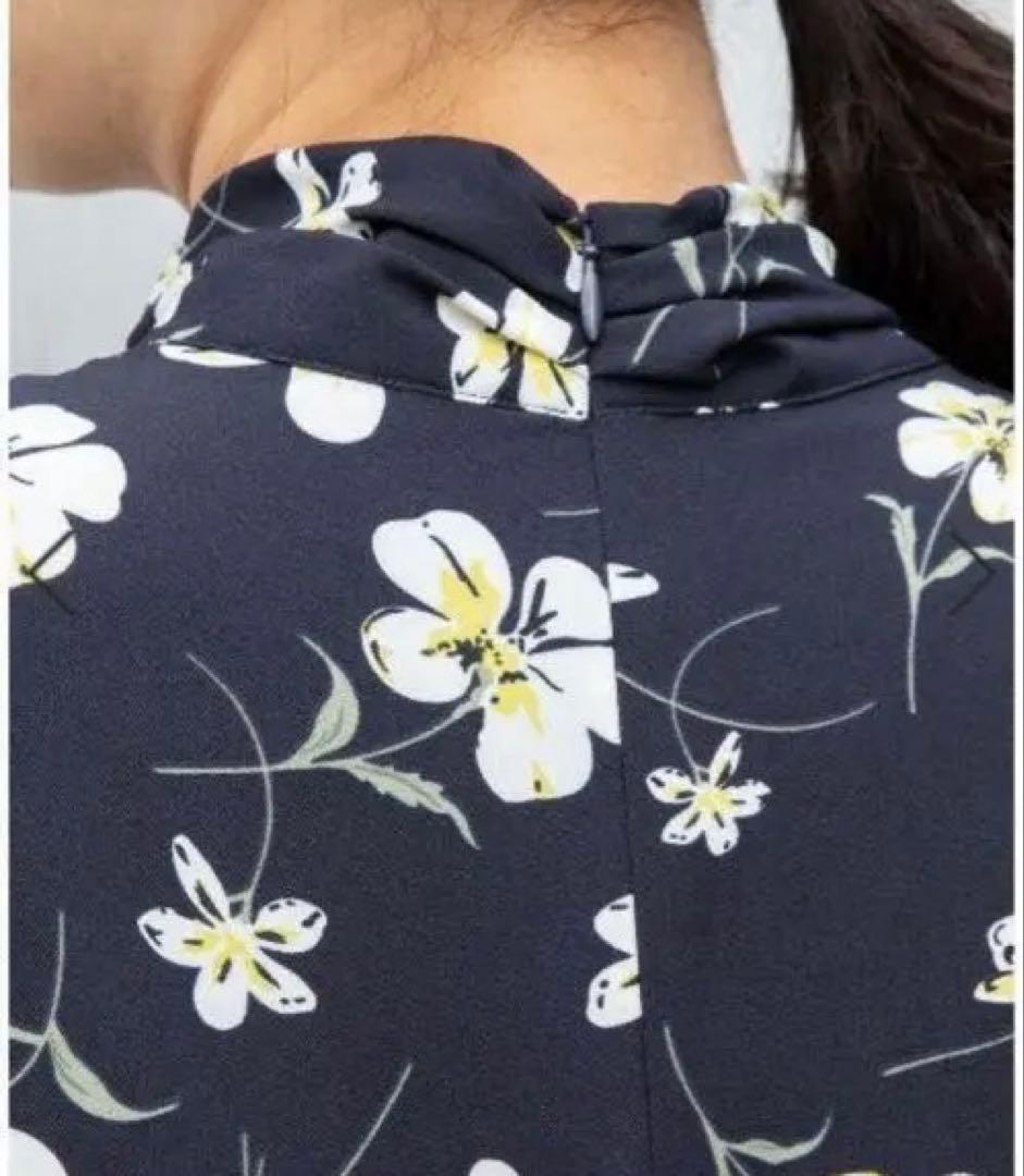 【美品/ナラカミーチェ】花柄リボン衿ワンピース 総柄 ロング 7分袖 ネイビー
