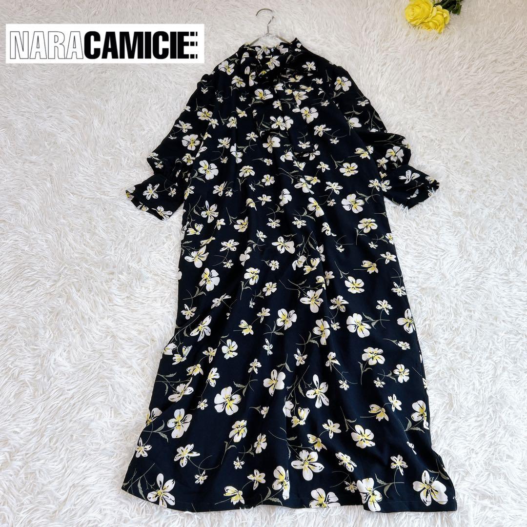 【美品/ナラカミーチェ】花柄リボン衿ワンピース 総柄 ロング 7分袖 ネイビー