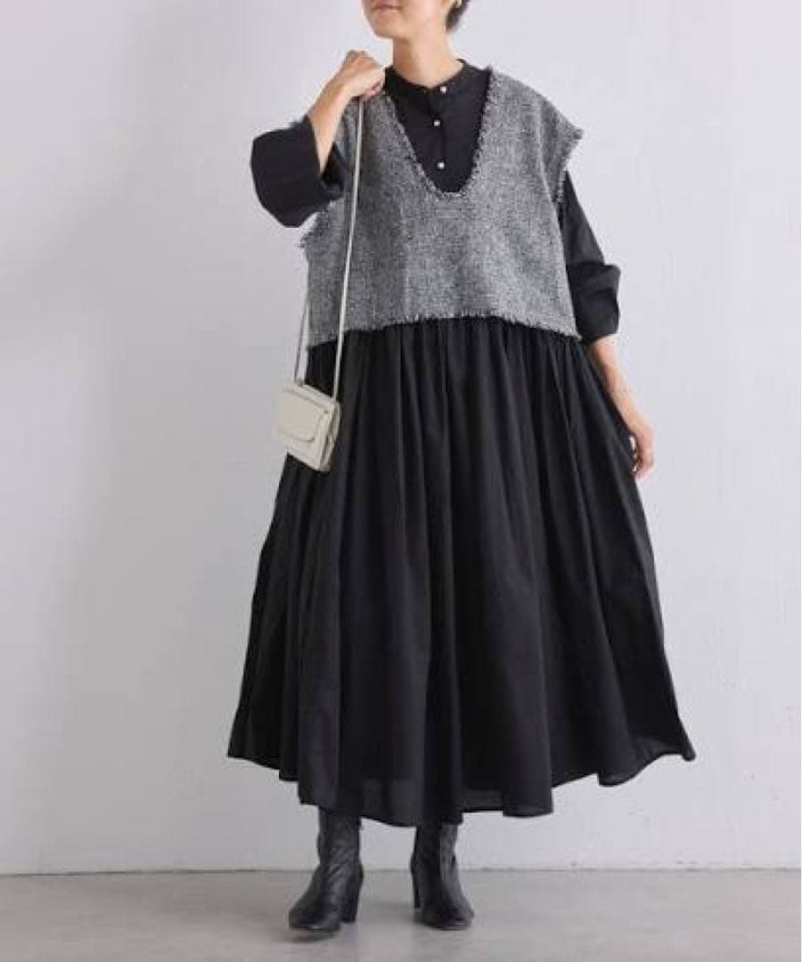 BEARDSLEY パールボタンギャザーワンピース　ブラック　サイズ0
