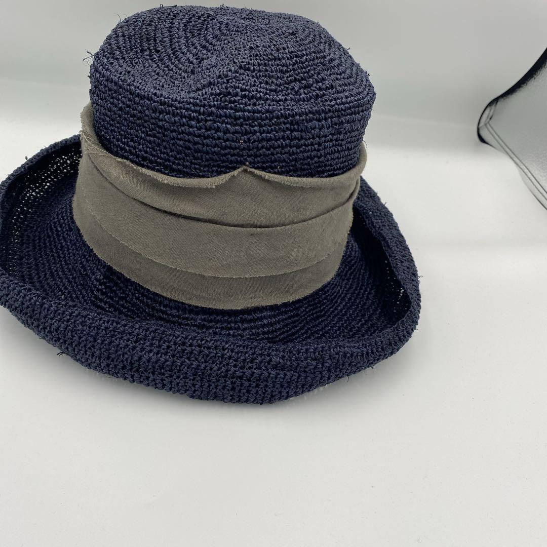 定価17600円　ca4la カシラ　ネイビー　　麦わら帽子　リボン　チャーム付