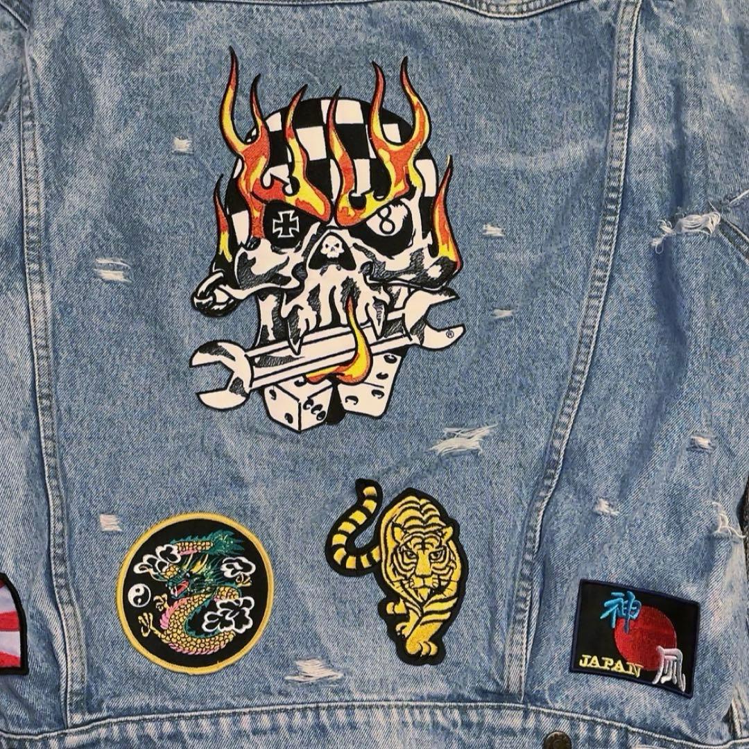 90s Y2K vintageスカル 炎 デニムジャケット ワッペン アメカジ