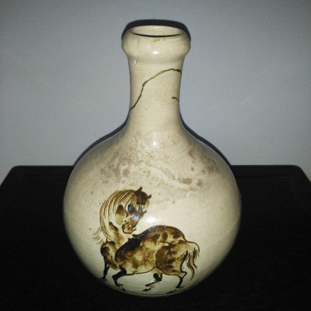 NO610 相馬焼　古相馬　徳利　馬絵　文字入り　補修アリ