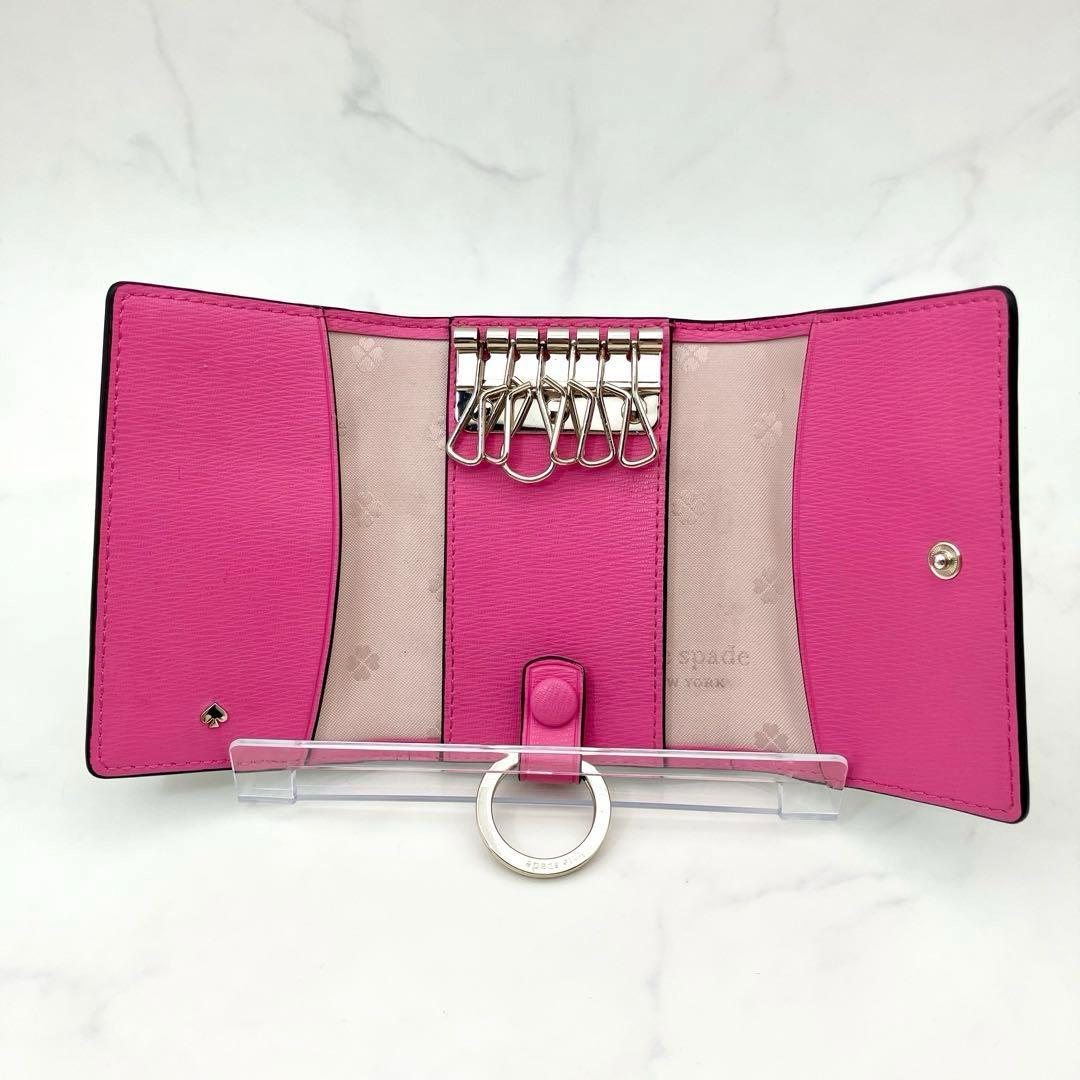 62【極美品/現行】kate spade 6連キーケース p本革ブラック 水玉