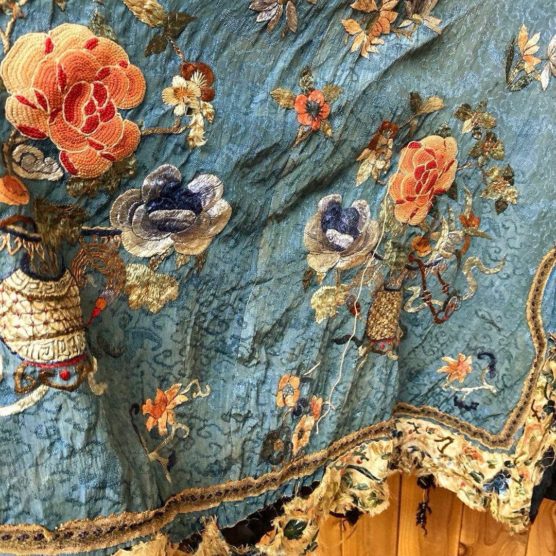 ヴィンテージ 希少 ローブ チャイナ柄 ボタニカル柄 刺繍 フリル フリーサイズ