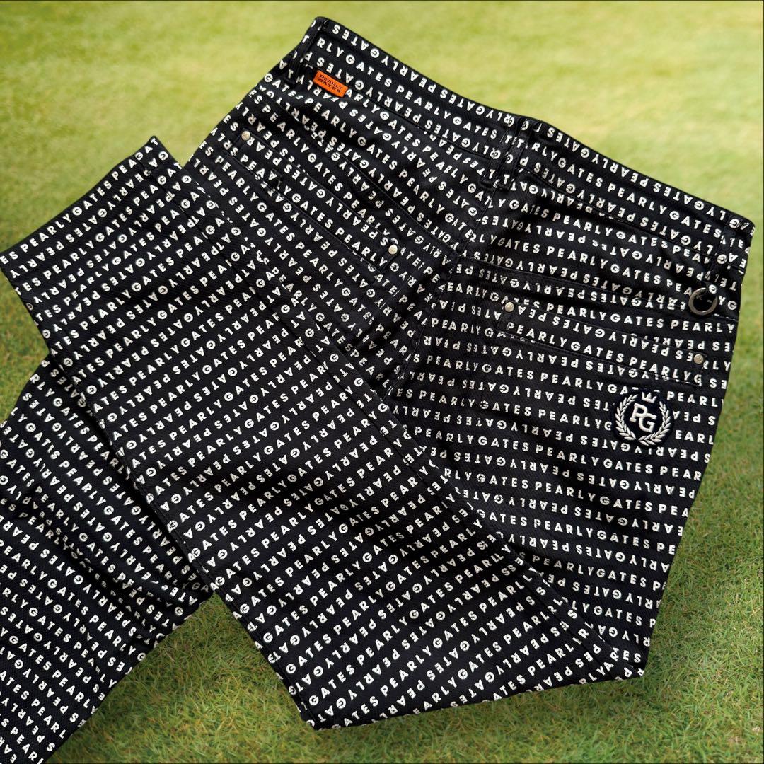 パーリーゲイツ　パンツ　総柄　黒　白　M〜L相当　コットン素材　ストレッチ　4