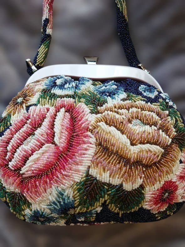 花柄手刺繍 総ビーズハンドバッグ