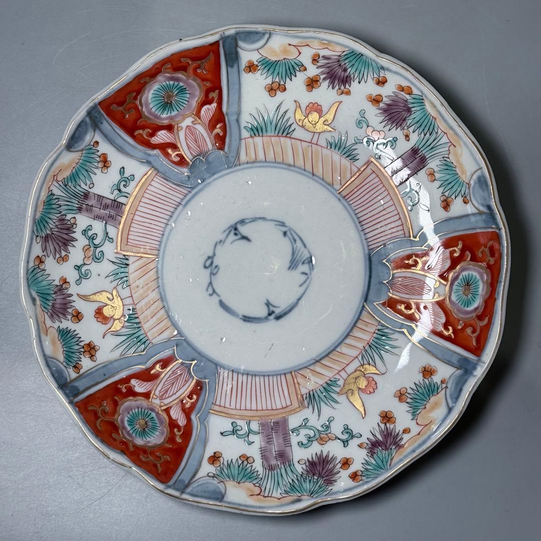 古伊万里　色絵花鳥図輪花形七寸皿　松竹梅　裏巻物文様　江戸期　金蘭手　最後の四枚