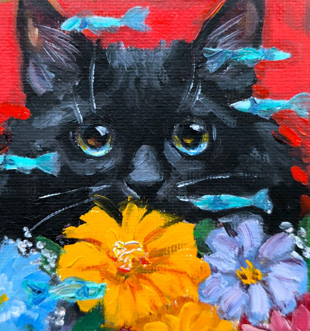 「夢見る黒猫」油絵　ミニ絵画　原画　猫　オリジナル　真作　手描き