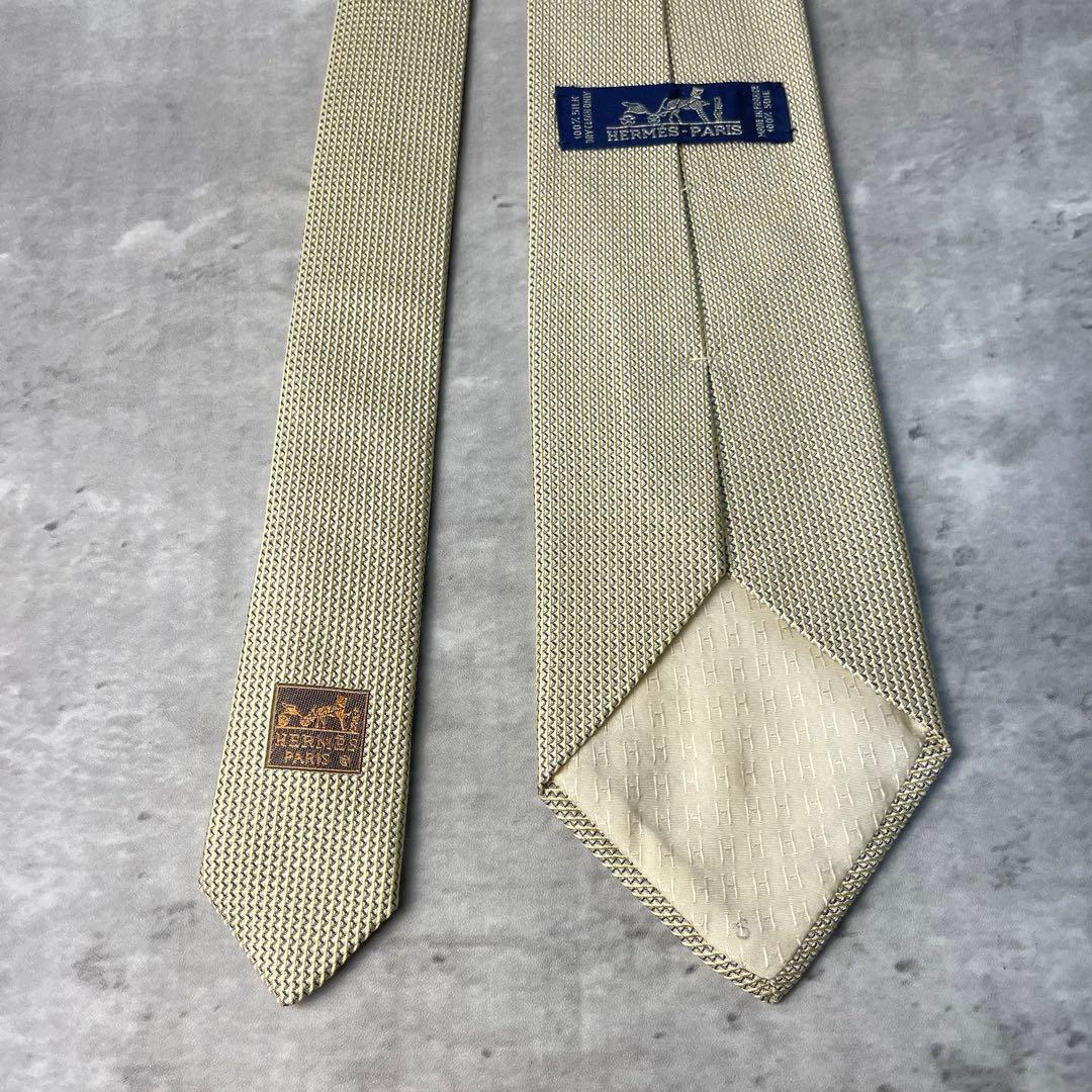 美品 HERMES エルメス ジャガード ソリッド ネクタイ アイボリー 白