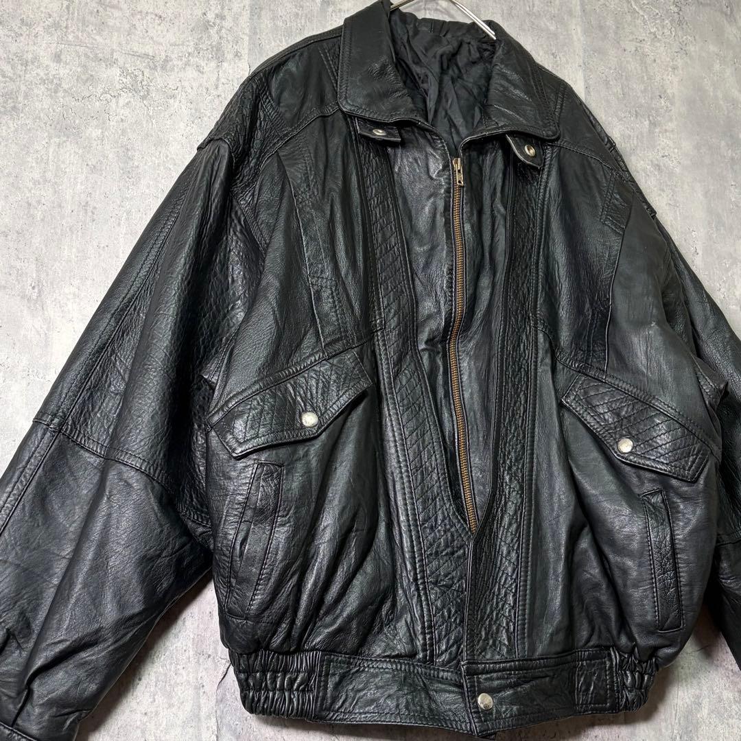ギミック 希少デザイン ラムレザージャケット 羊革 黒 肩パッドなし