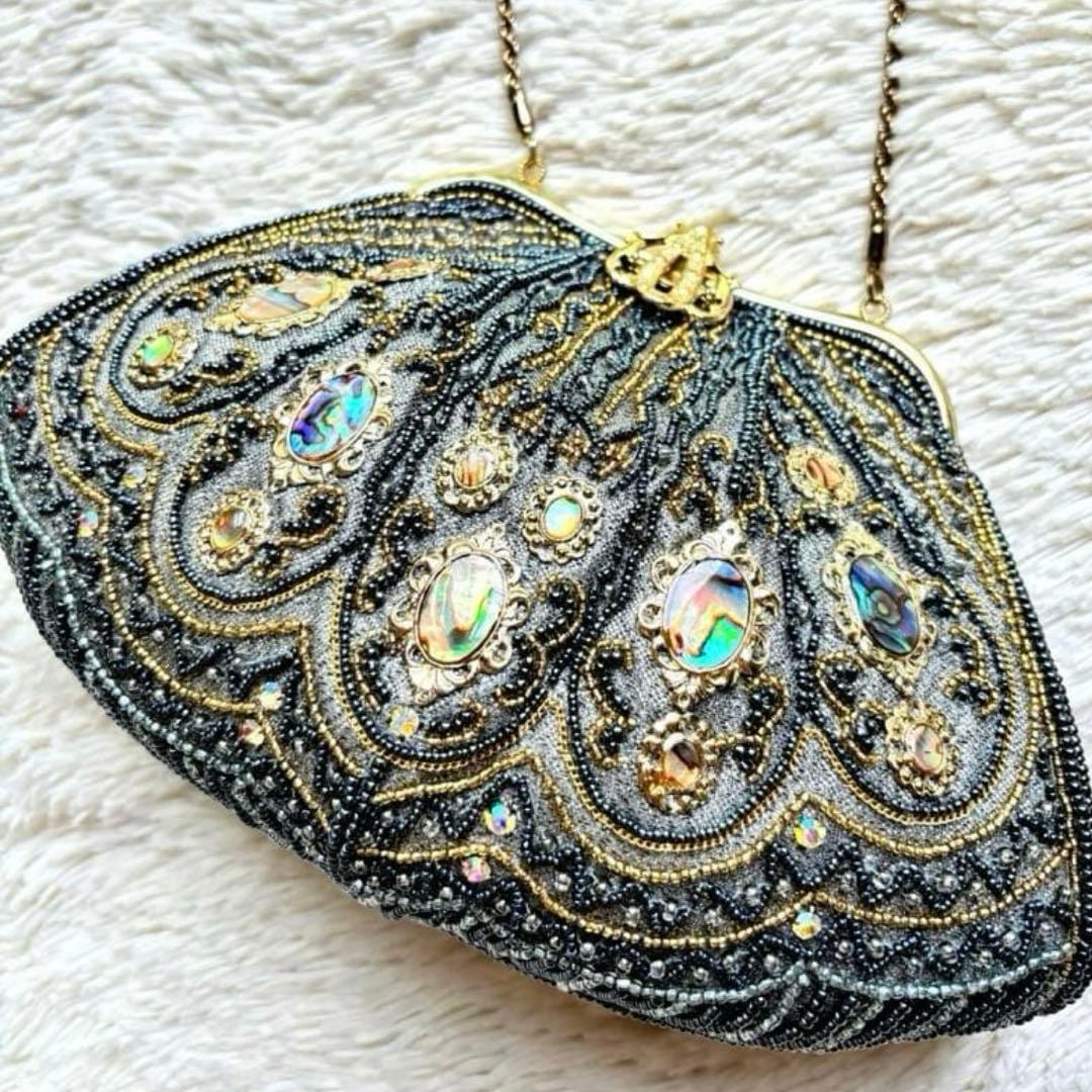 極美品　ビーズ刺繍バッグ アンティーク フォーマルバッグ　螺鈿