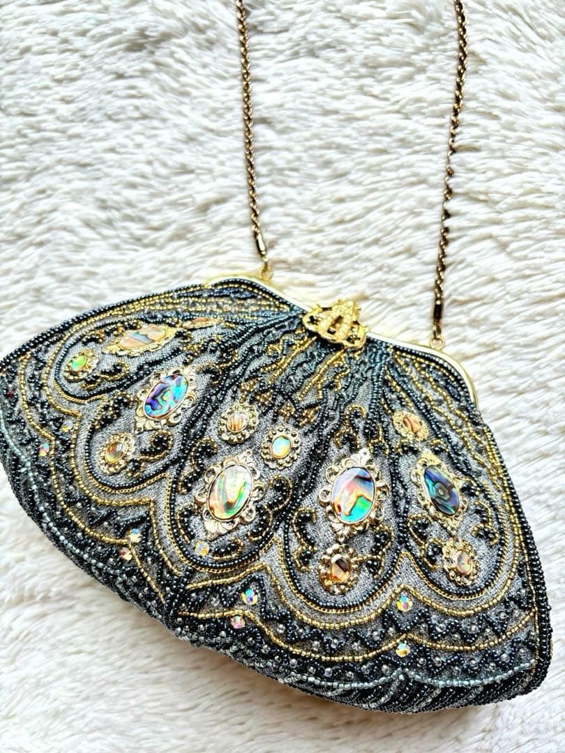 極美品　ビーズ刺繍バッグ アンティーク フォーマルバッグ　螺鈿