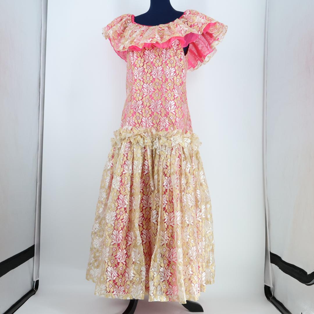 【美品 フラダンス用衣装】ゴールド×ホワイト×ピンク ワンピースドレス ハワイ