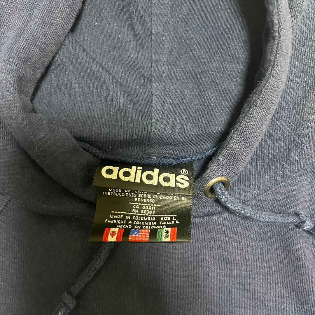 90s adidas アディダス トレフォイル 刺繍ロゴ パーカー ネイビー L