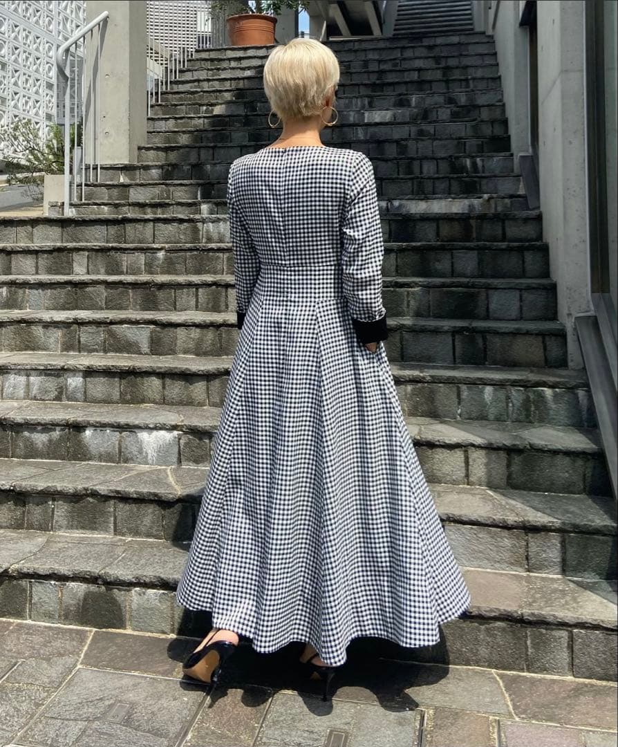 けい様ジェンヌ JENNE ギンガムチェック フレア ワンピース ロング 長袖S
