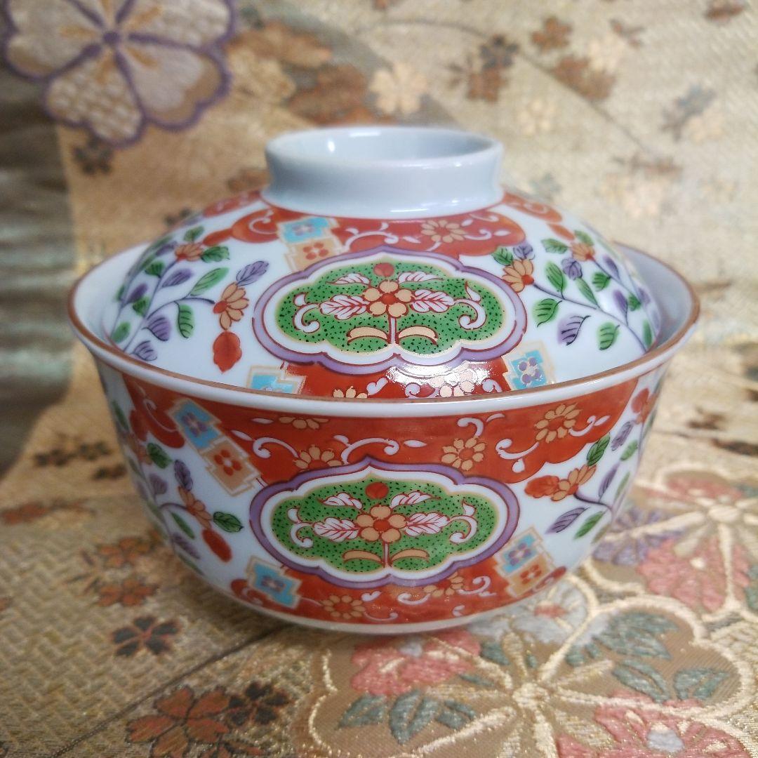 【未使用】◆ 有田焼 ◆飛鳥窯古伊万里 金彩赤絵間取 花唐草 蓋付煮物碗 丼ぶり